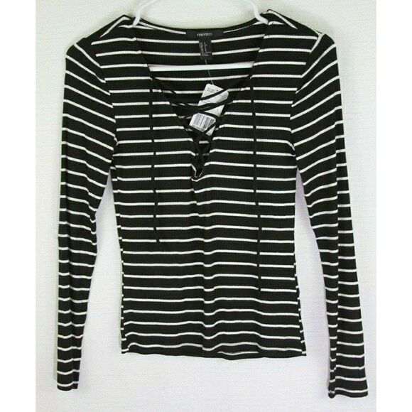 Forever 21 Juniors Top Lace-Up Stripes Small - Picture 1 of 5